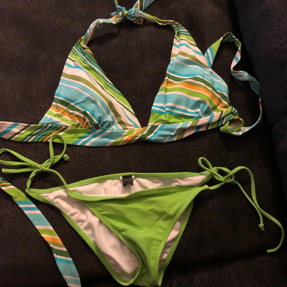 Blue, grew,white, yellow stripes bikini.
